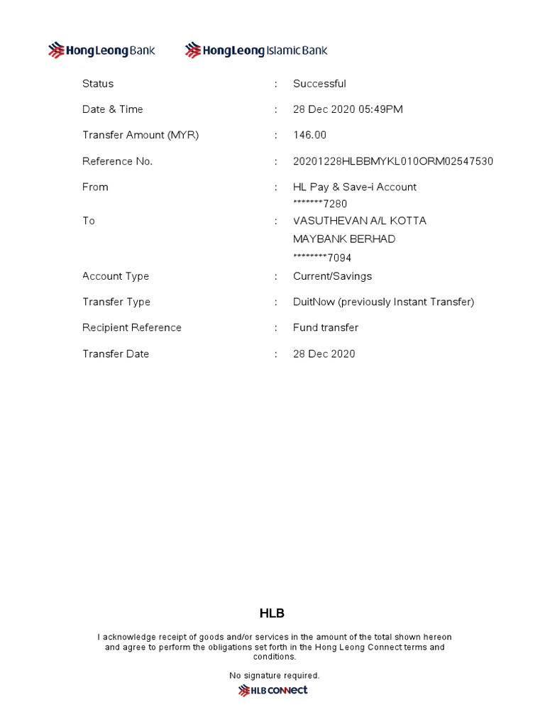 Hong Leong Bank Transfer Receipt | PDF | Finance & Money Management