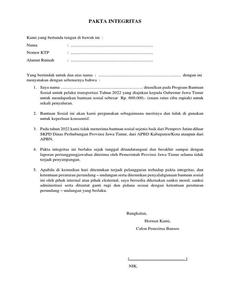 Format Pakta Integritas Bansos 2022 | PDF