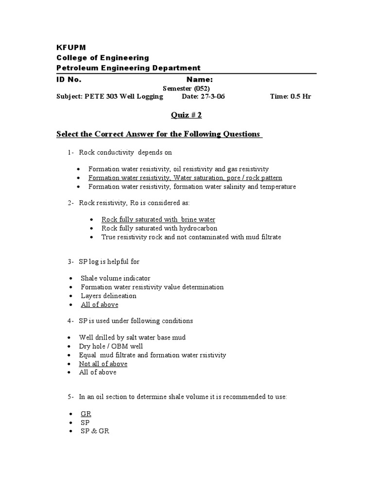Quiz2 Solution PDF Electrical Resistivity And Conductivity Petroleum