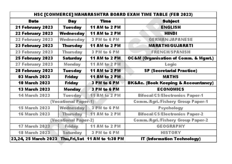 HSC Board Time Table Commerce 2023 PDF