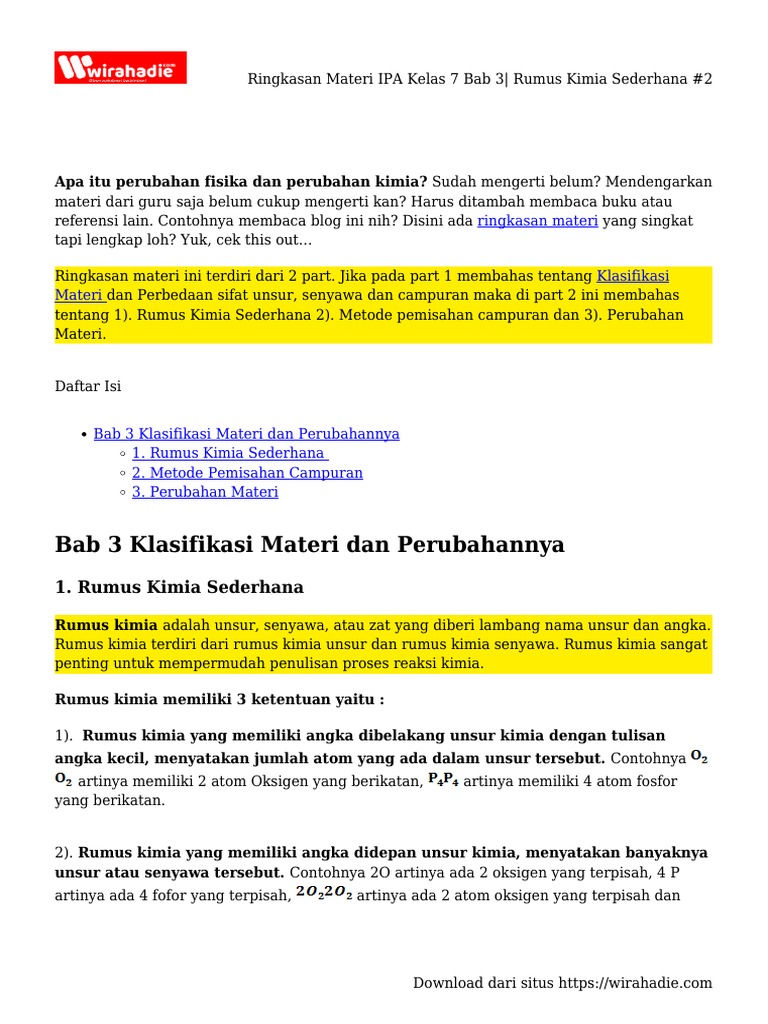 Ringkasan Materi IPA Kelas 7 Bab 3 - Rumus Kimia Sederhana #2 | PDF