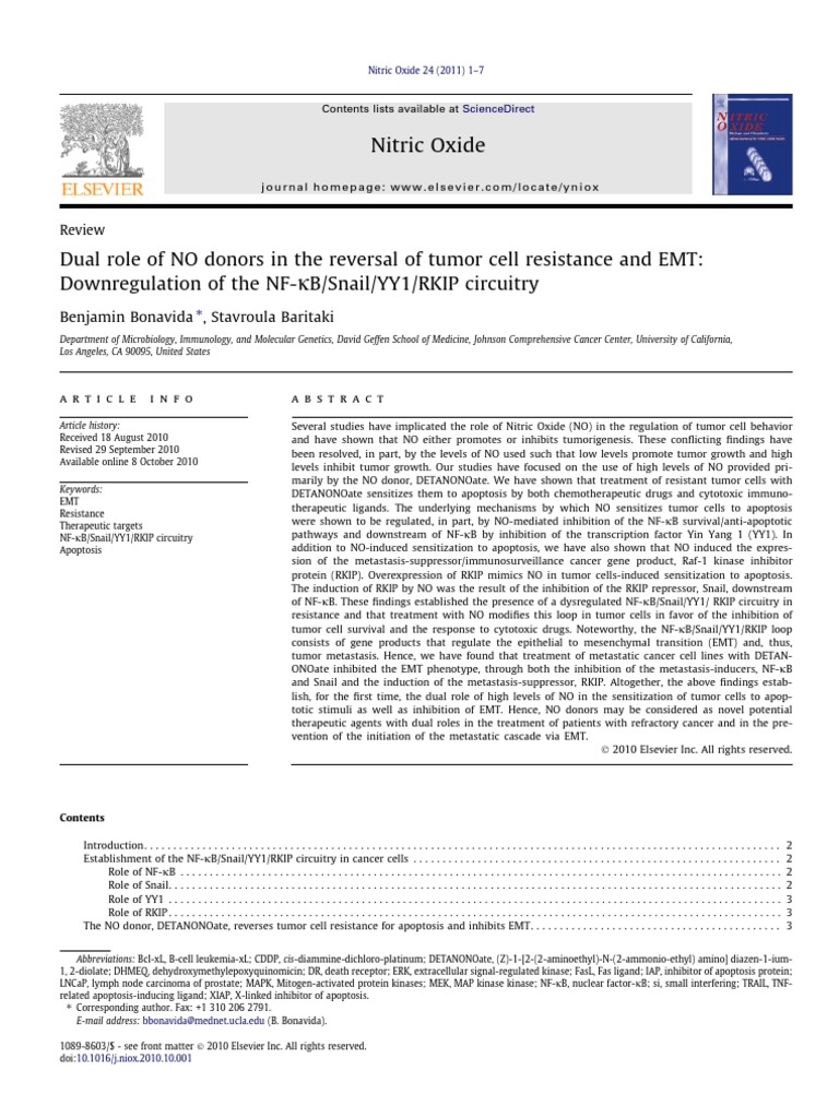 Dual Role of NO Donors I The Reversal of Tumors Cell Resitance and EMT. Nitric Oxide Bonavida Et