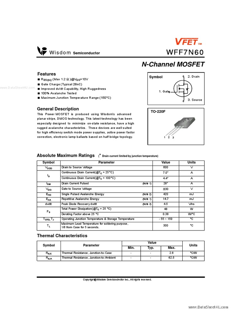 WFF7N60 Wisdomtechnologies | PDF | Field Effect Transistor | Mosfet