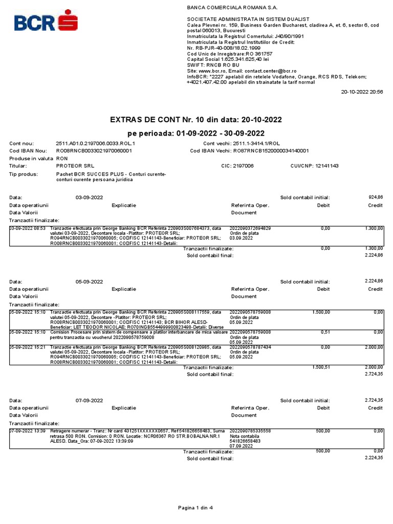 Pe Perioada: 01-09-2022 - 30-09-2022 EXTRAS DE CONT Nr. 10 Din Data: 20 ...