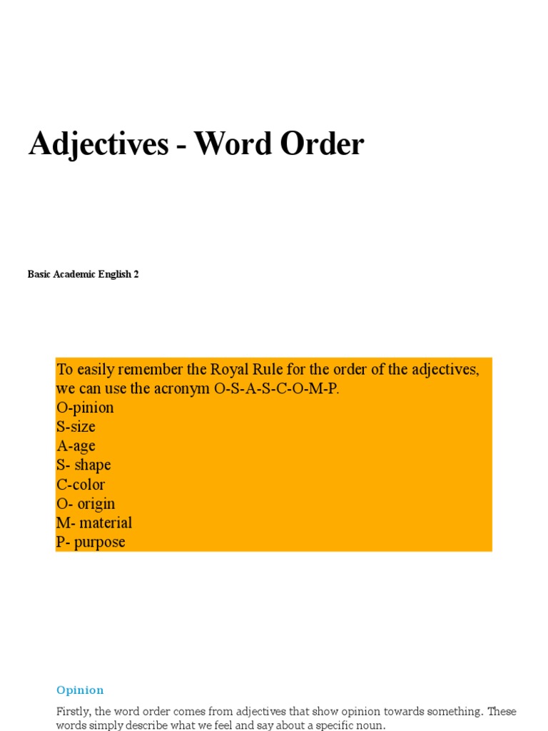 Understanding OSASCOMP Adjective Order | PDF | Adjective | Noun