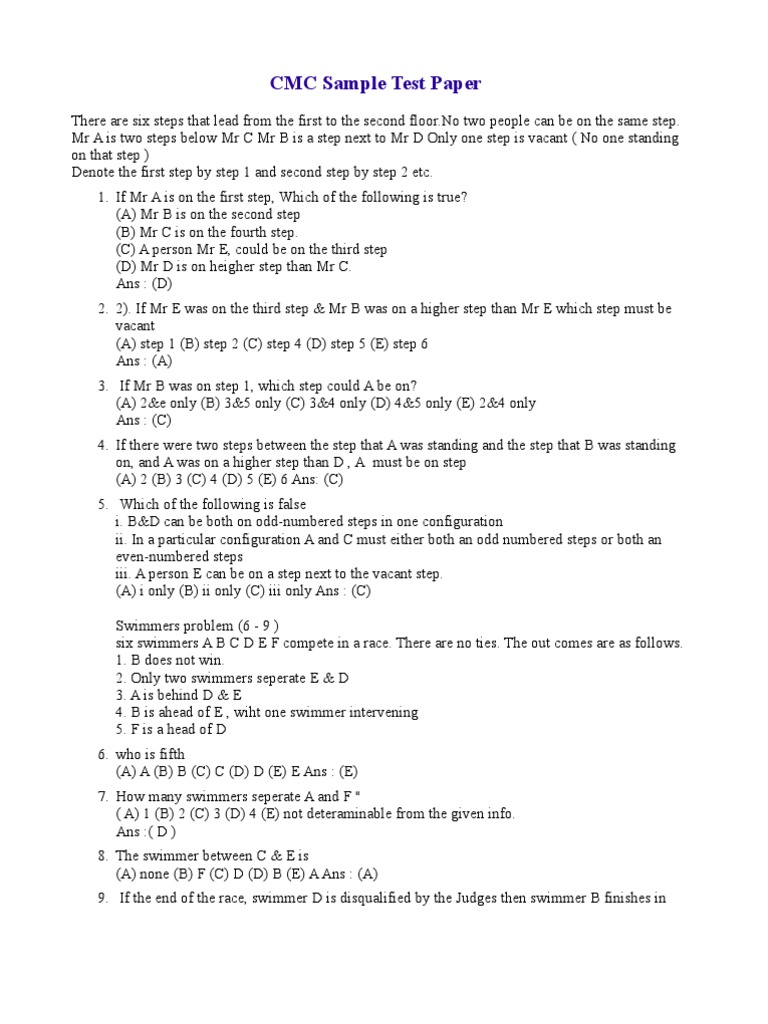 CMC Entrance Exam Sample Questions | PDF | Table (Database) | Teaching ...