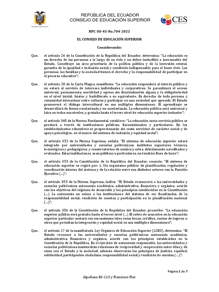 Normativa del Consejo de Educación Superior | PDF | Educación más alta ...