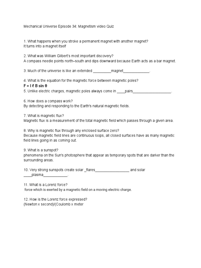 Mechanical Universe Episode 34 Video Quiz PDF