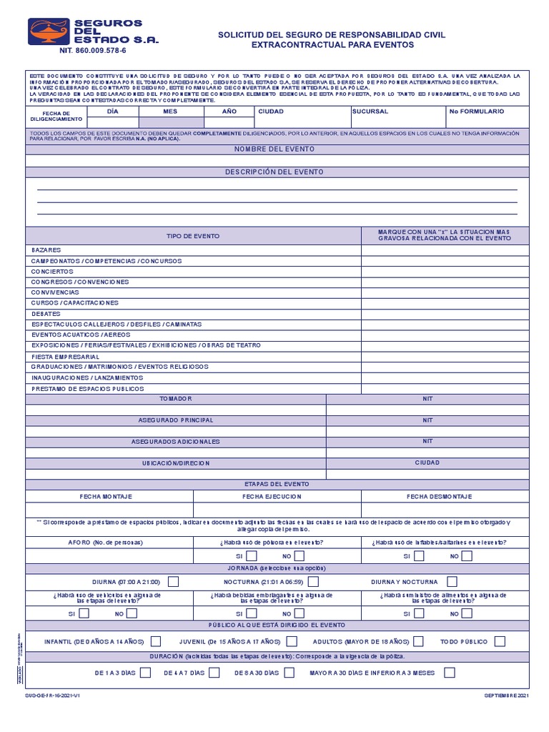 Solicitud de Seguro para Eventos | PDF | Póliza de seguros | Seguro