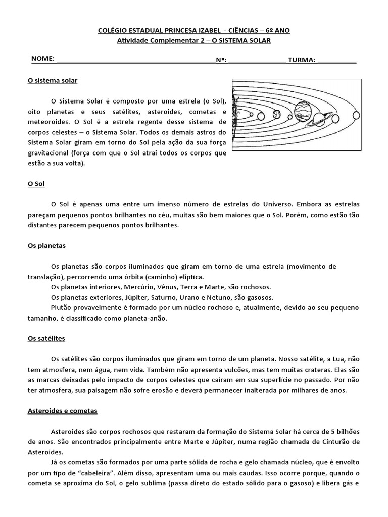 Atividade sobre o Sistema Solar - 6º Ano | PDF | Sistema Solar | Cometa