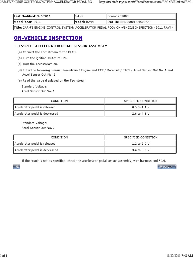 2arFe Engine Control System Accelerator Pedal Rod OnVehicle