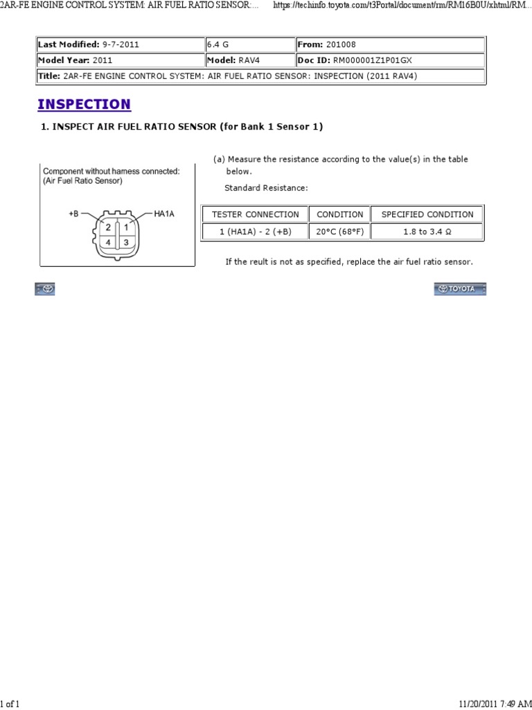 2ar-Fe Engine Control System - Air Fuel Ratio Sensor - Inspection (2011 ...