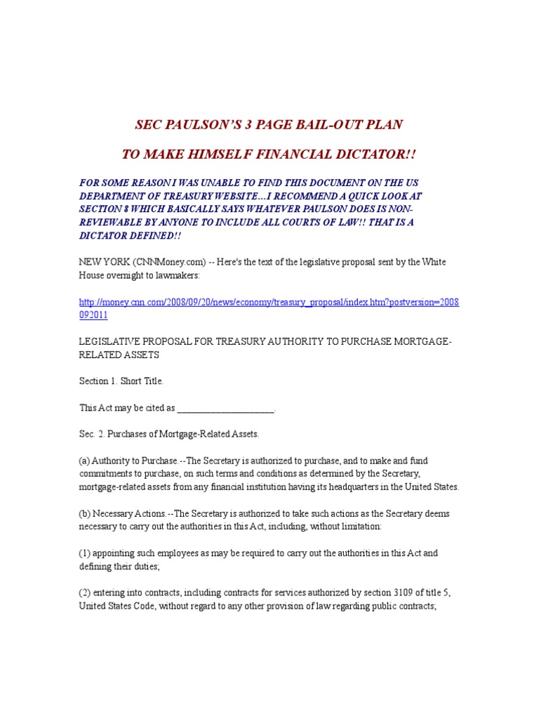Sec Paulsons Bail Out Plan Document 3 Pages 21sep08 | PDF | U.S ...