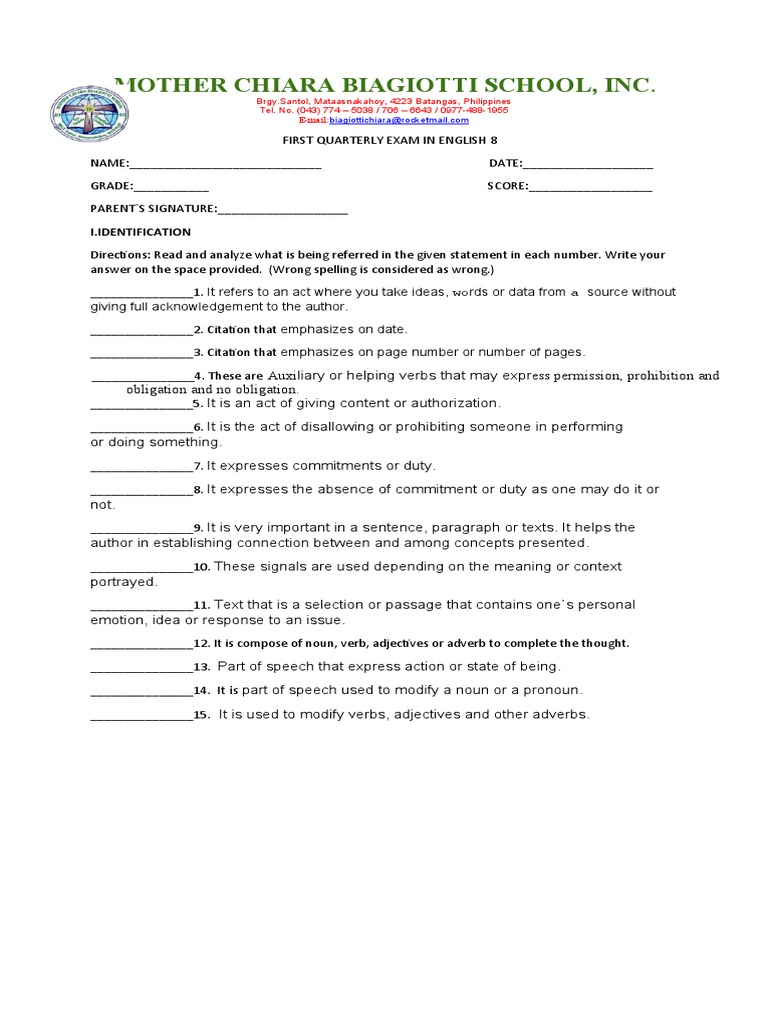 English Exam for Grade 8 Students | PDF | Part Of Speech | Verb
