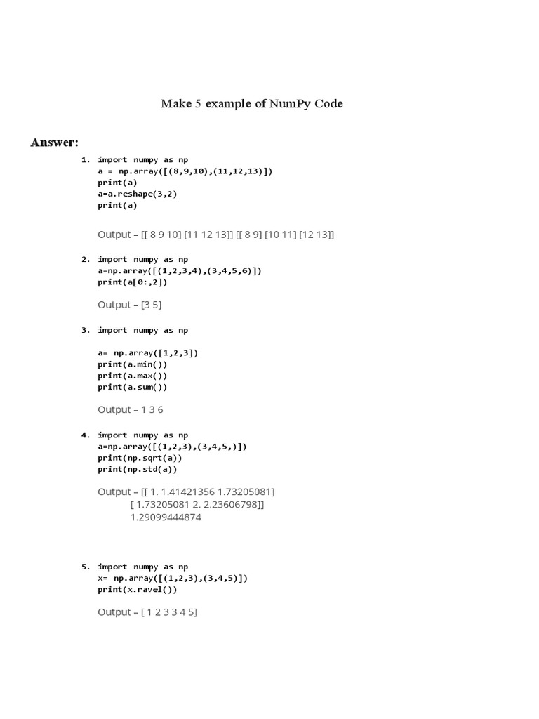 NumPy Code Examples and Outputs | PDF