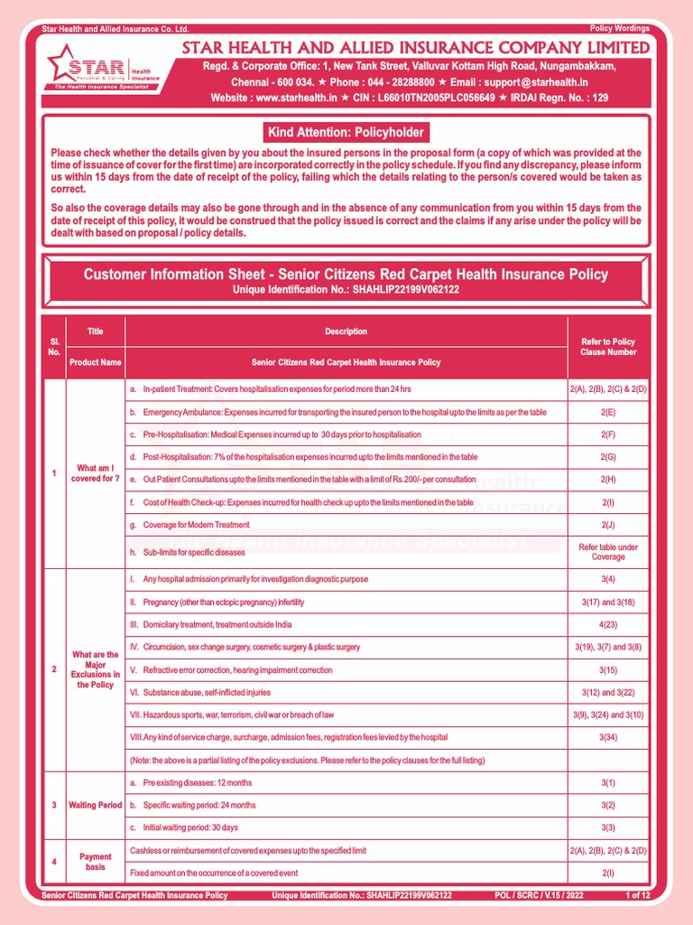 Senior Citizens Red Carpet Insurance Policy | PDF | Hospital ...