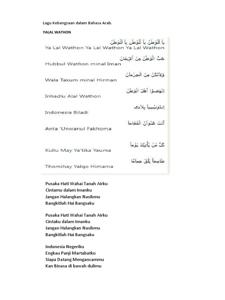 Lagu Kebangsaan Dalam Bahasa Arab | PDF