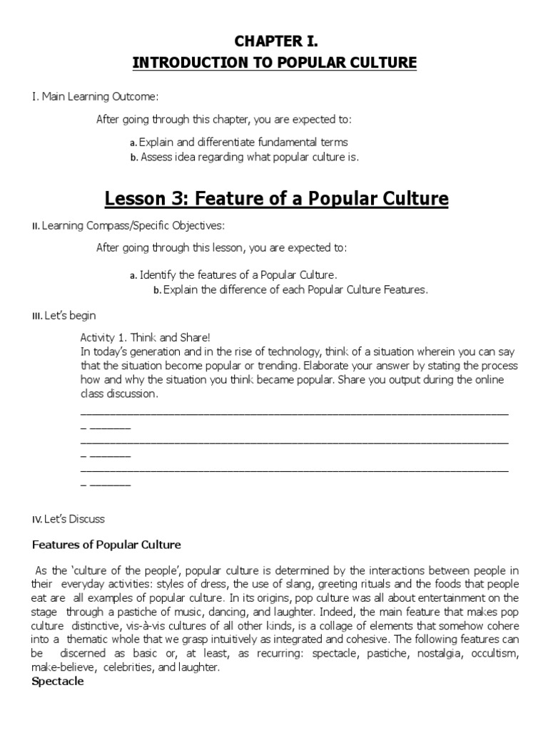 Lesson 3 Features of Popular Culture PDF
