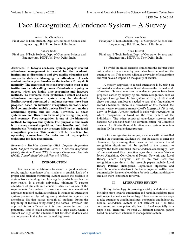 Face Recognition Attendence System - A Survey | PDF | Principal ...