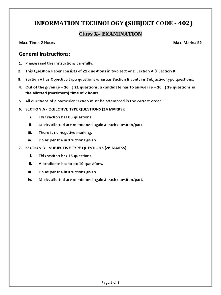 Class 10 IT Sample Exam Paper | PDF | Databases | Computer Network