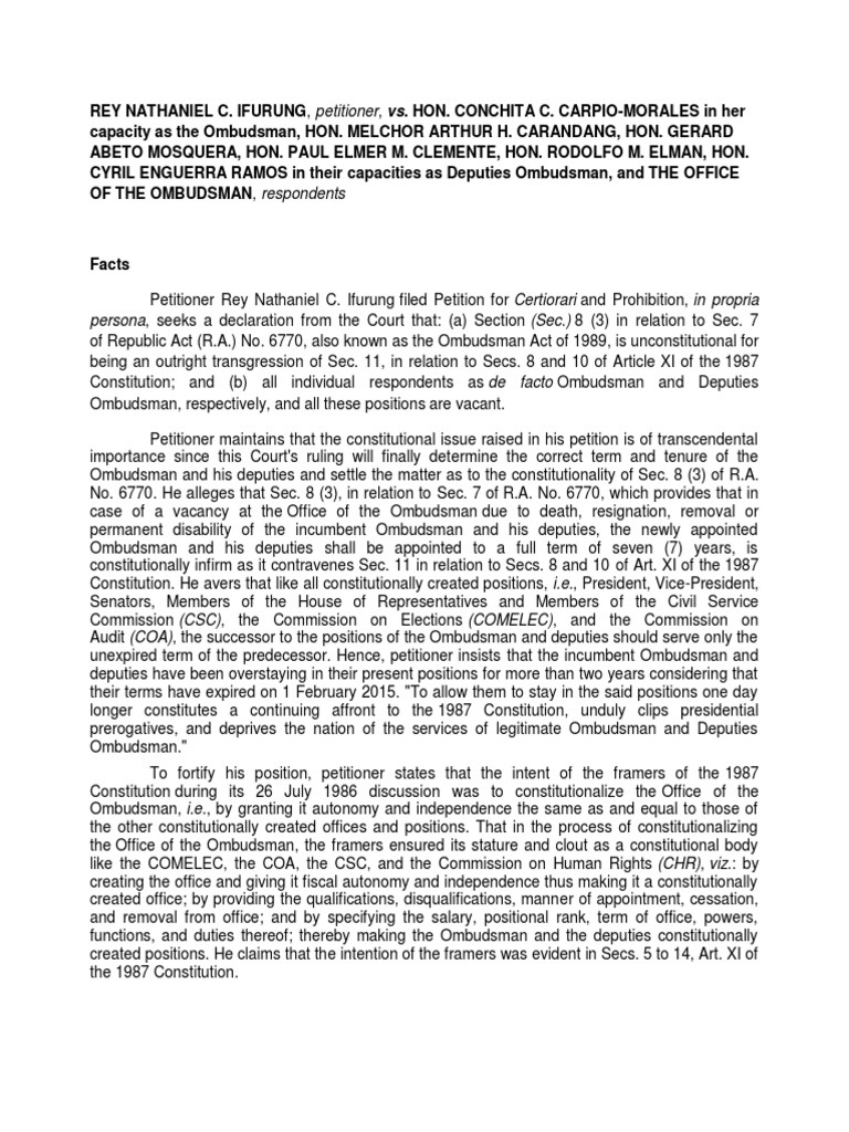Constitutional challenge to the term and tenure of the ombudsman and