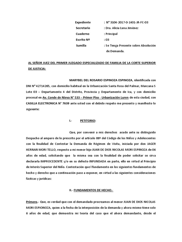 Contestación a Demanda de Régimen de Visita | PDF | Demanda judicial ...