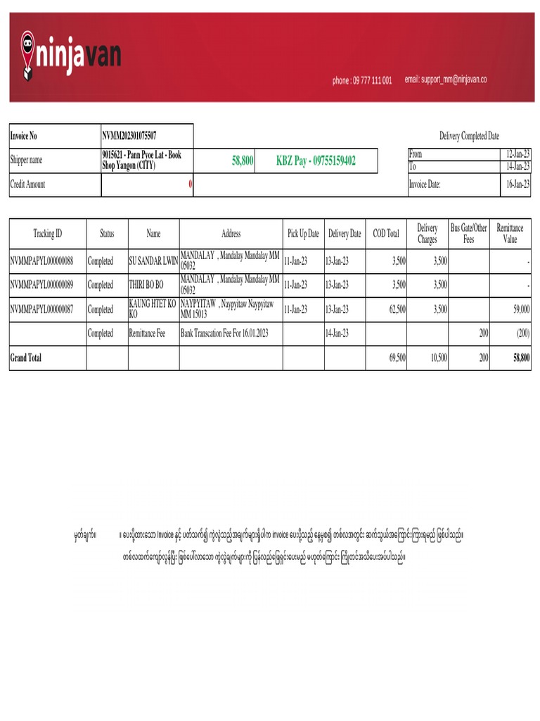 Invoice for Pann Pyoe Lat Delivery | PDF