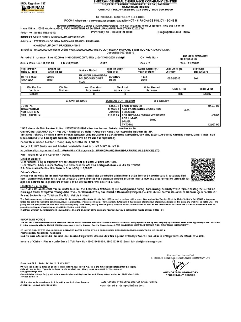 Shriram Commercial Vehicle Insurance Policy | PDF | Insurance | Vehicles