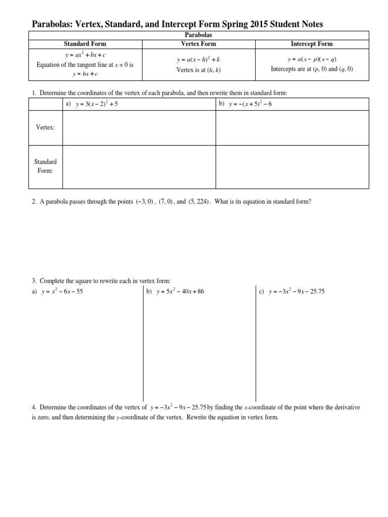 Parabolas Vertex Standard and Intercept Form Spring 2015 Download