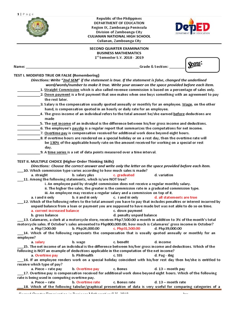 Grade 11 Business Math Exam: 2nd Quarter | PDF | Salary | Overtime