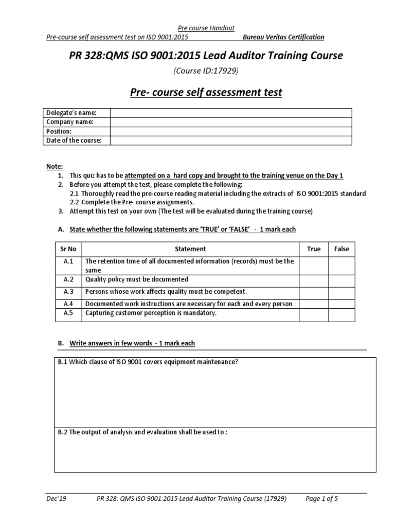 0.3 Pre Course Self Assessment Test | PDF