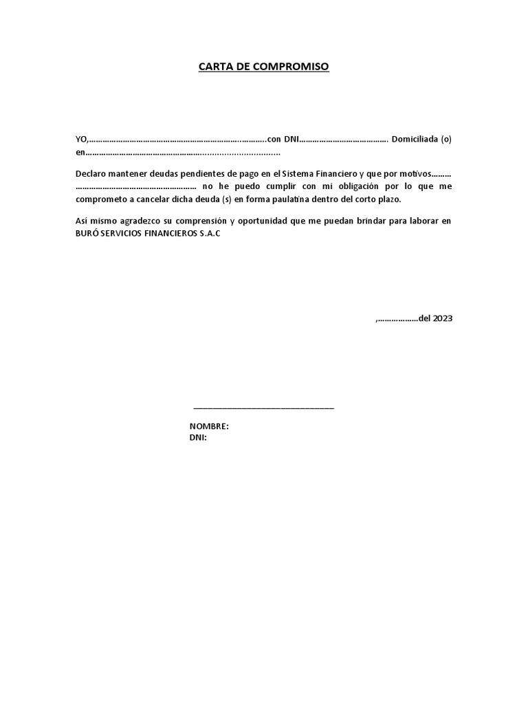 Modelo - Carta de Compromiso de Pago | PDF | Finanzas y dinero | Derecho