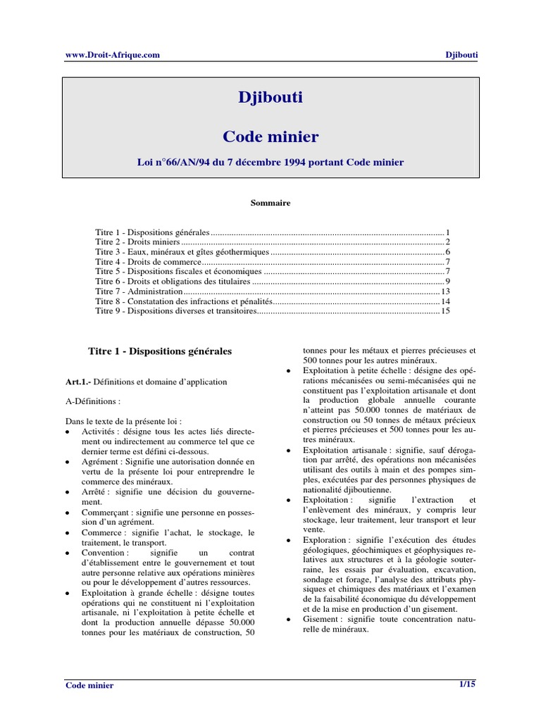 Code Minier de Djibouti | PDF | Exploitation minière | Impôts