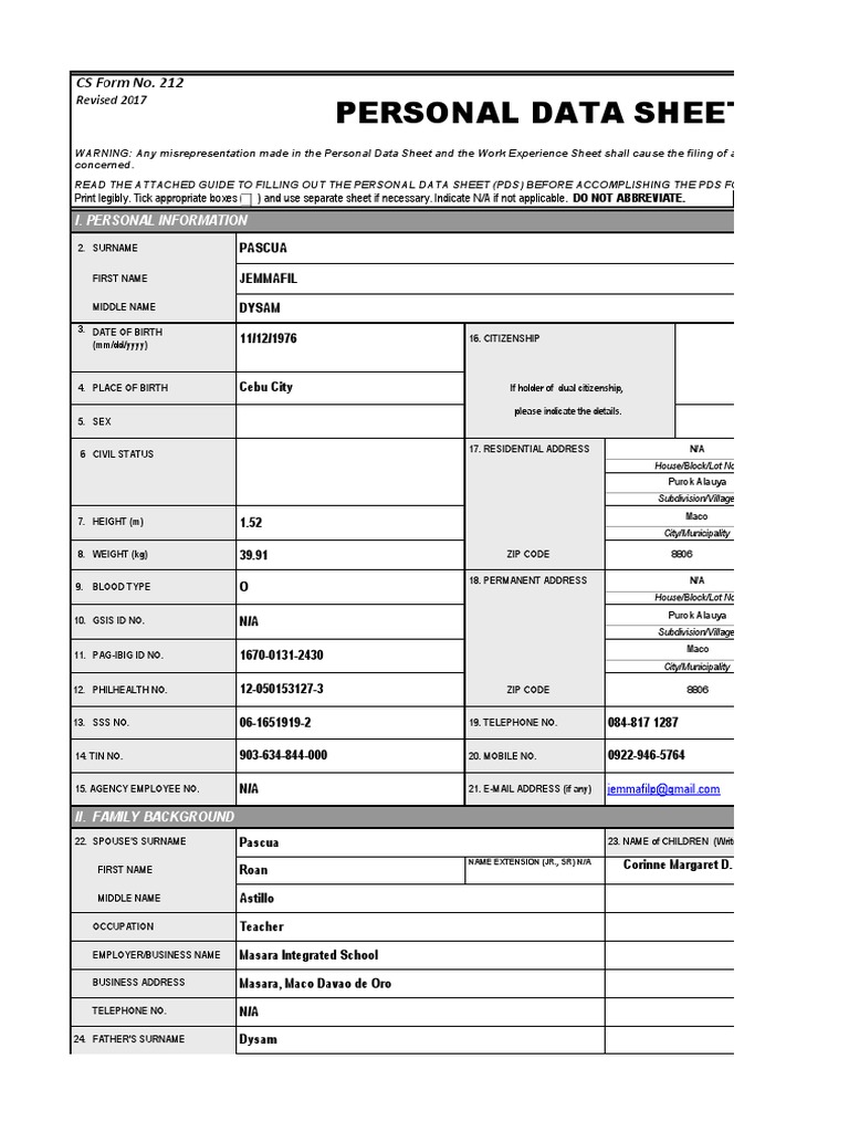Personal data sheet pdf