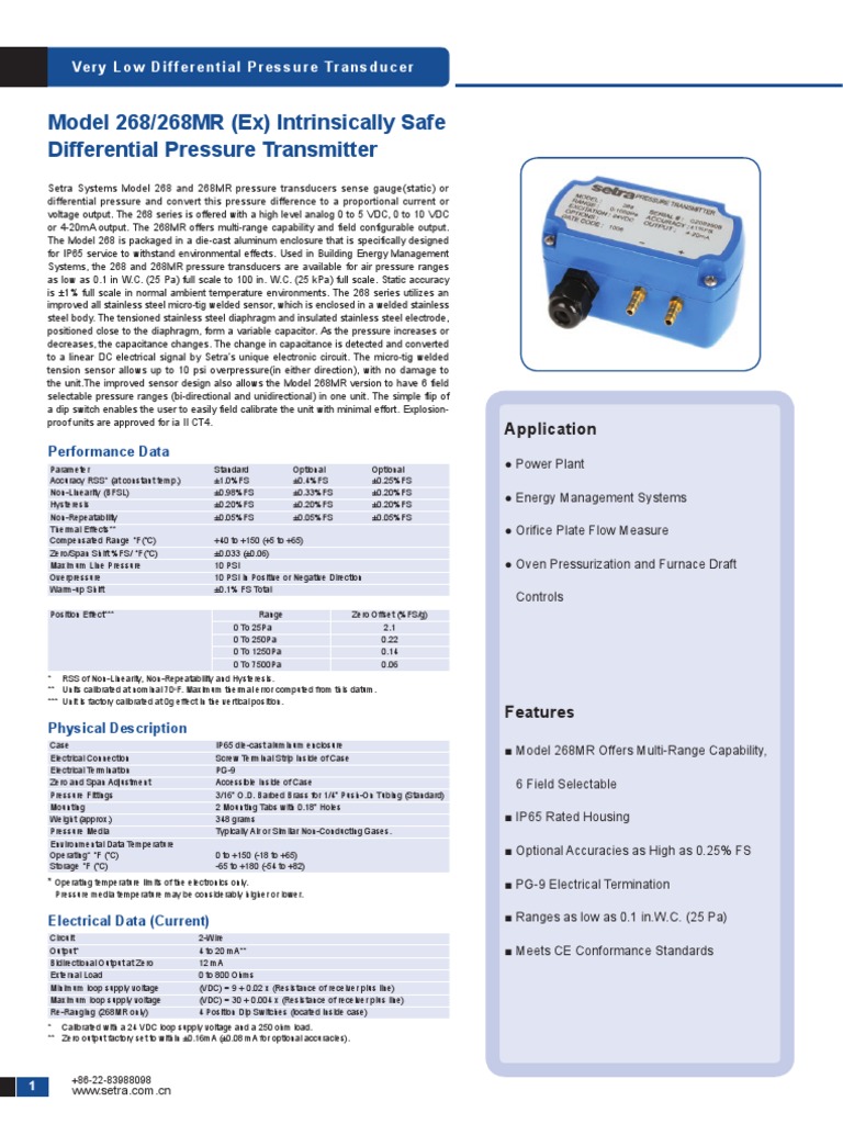 Setra 268 Ex Intrinsically Safe Differential Pressure Transmitter PDF