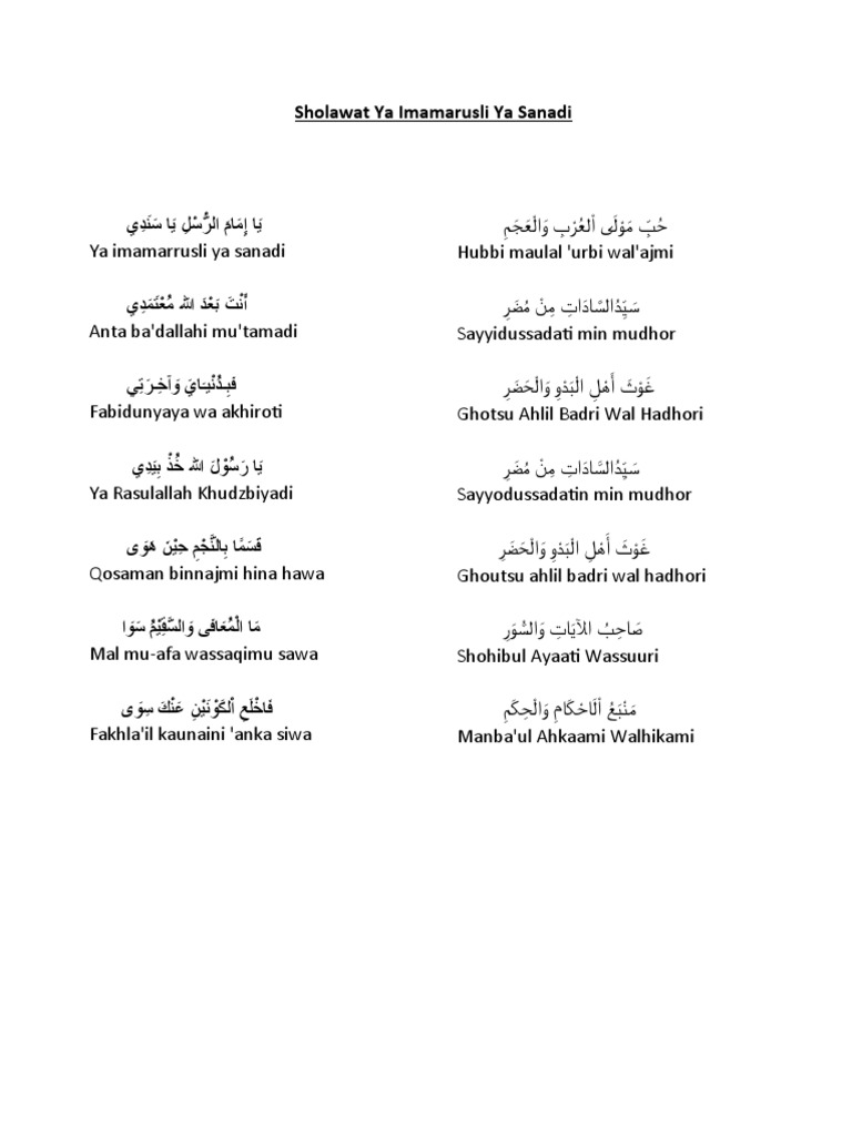 Lirik Sholawat Ya Imamarusli Ya Sanadi Dan Artinya | PDF