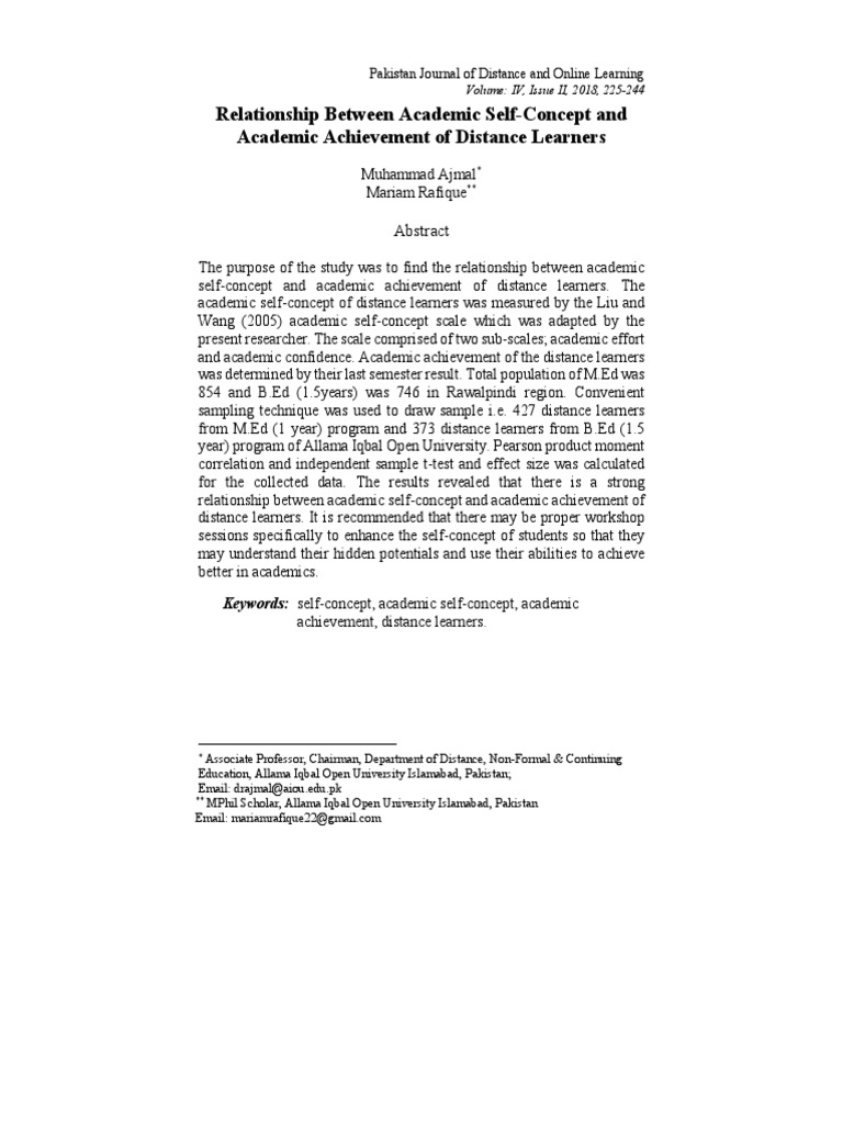 Academic Self-Concept and Achievement in Distance Learning | PDF | Self ...