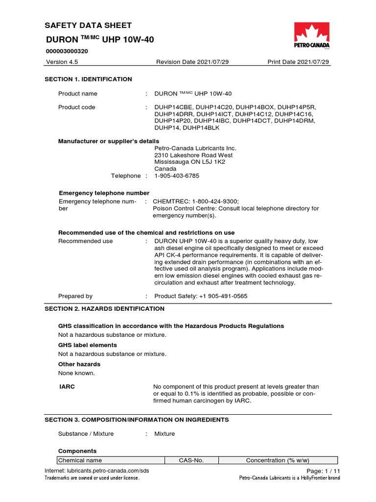 SDS Duhp14 PDF Toxicity Motor Oil