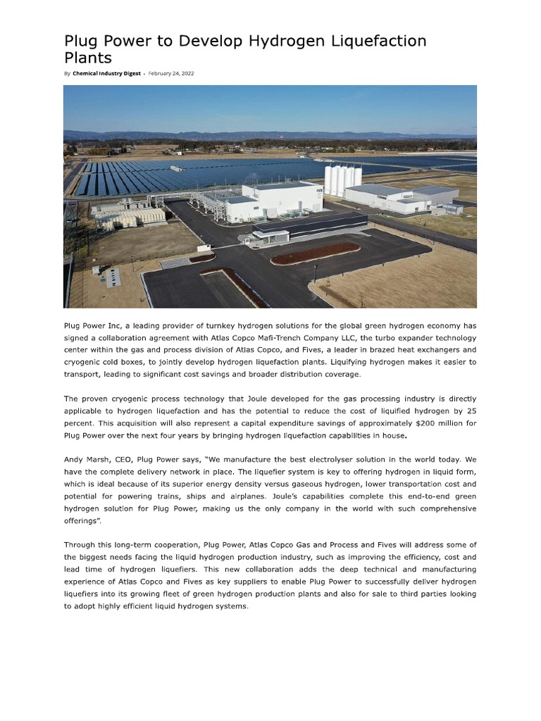 Plug Power To Develop Hydrogen Liquefaction Plants - Chemical Industry ...