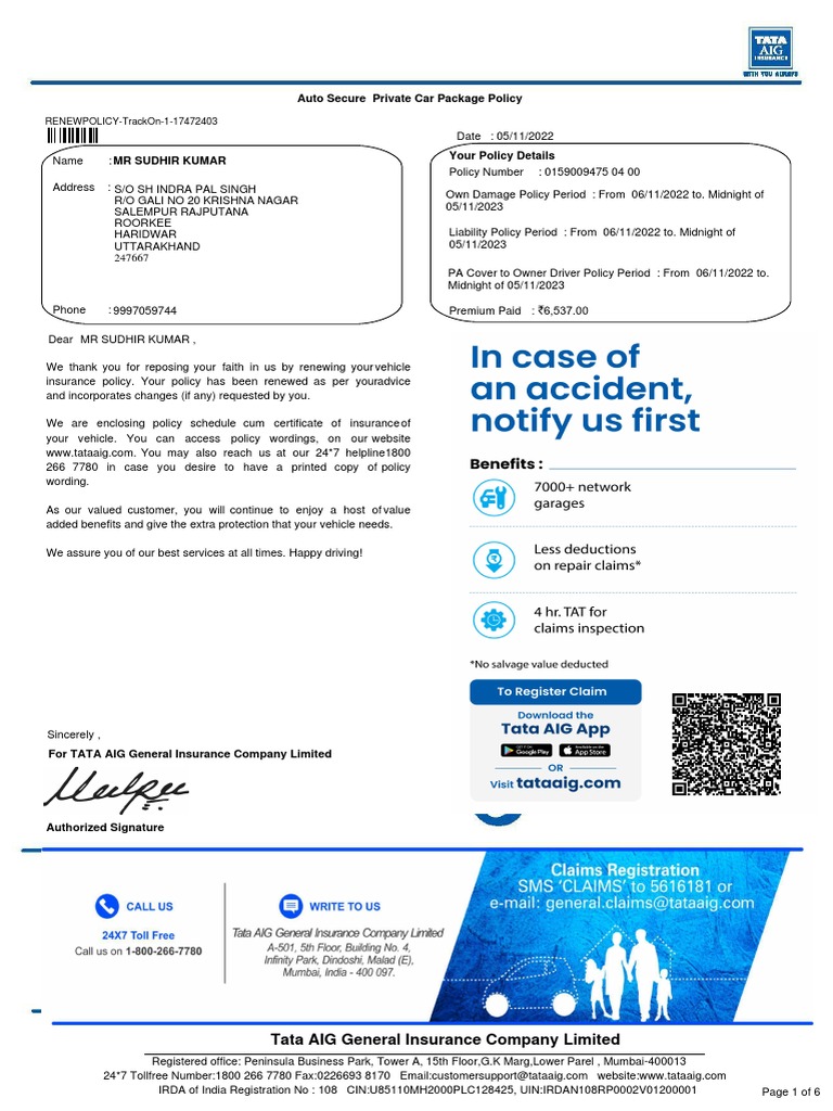 Auto Secure Private Car Package Policy: Tata AIG General Insurance ...