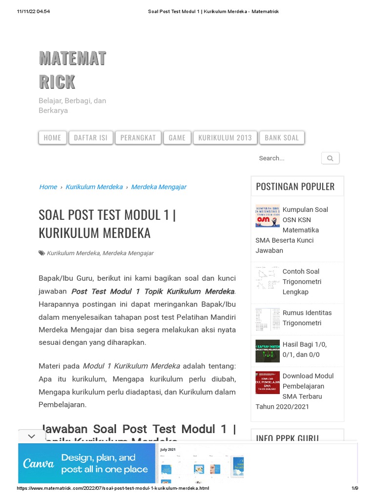Soal Post Test Modul 1 - Kurikulum Merdeka - Matematrick | PDF