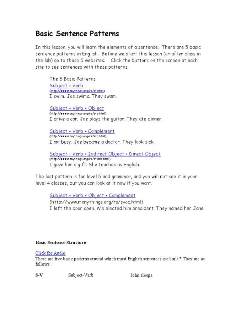 Learn 5 Basic Sentence Patterns | PDF | Verb | Adverb