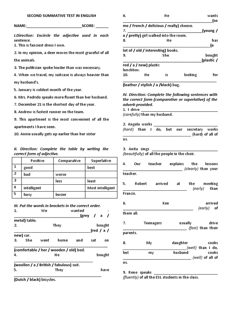 Adjective and Adverb Test Worksheet | PDF | Linguistics | Grammar