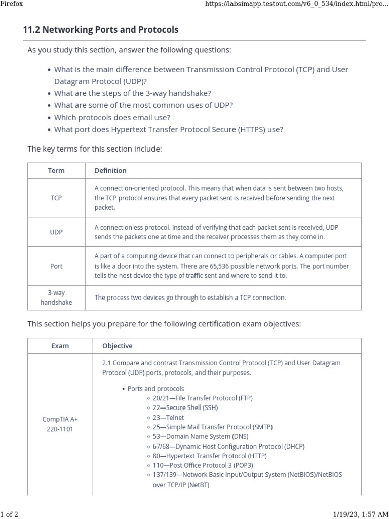 11.2 Networking Ports and Protocols As You Study This Section, Answer