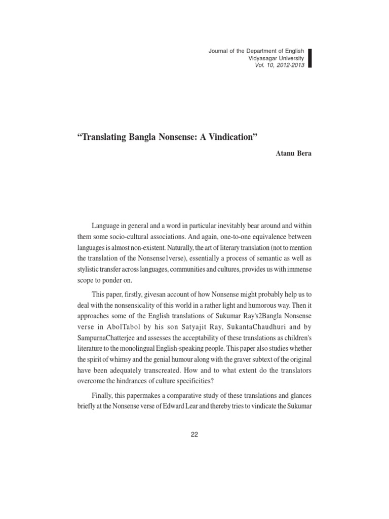 Translating Bangla Nonsense PDF Translations Poetry