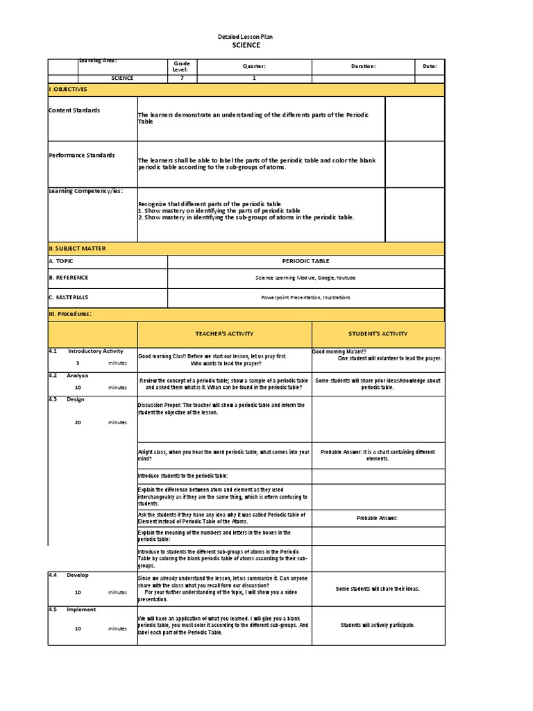 Periodic Table Lesson Plan Overview | PDF | Periodic Table | Lesson Plan