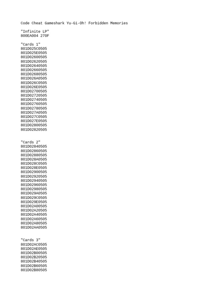 Code cheat gameshark yu gi oh forbidden memories pdf video game
