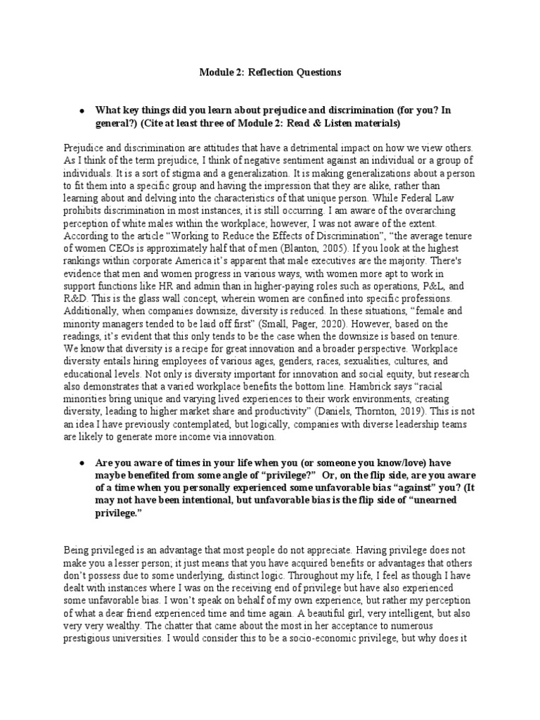 OGL 350 - Module 2 Reflection Questions | PDF | Discrimination | Prejudices