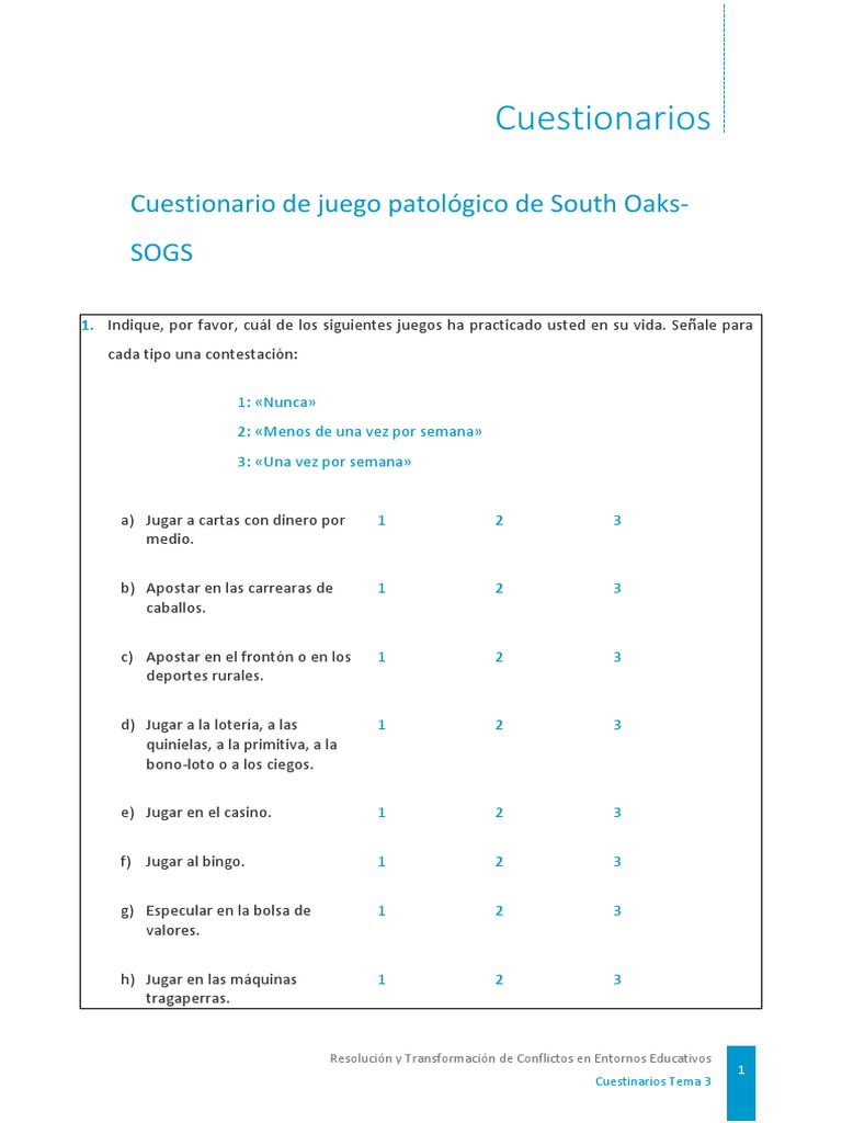Cuestionario SOGS de Juego Patológico | PDF | Problemas de juego | Bancos