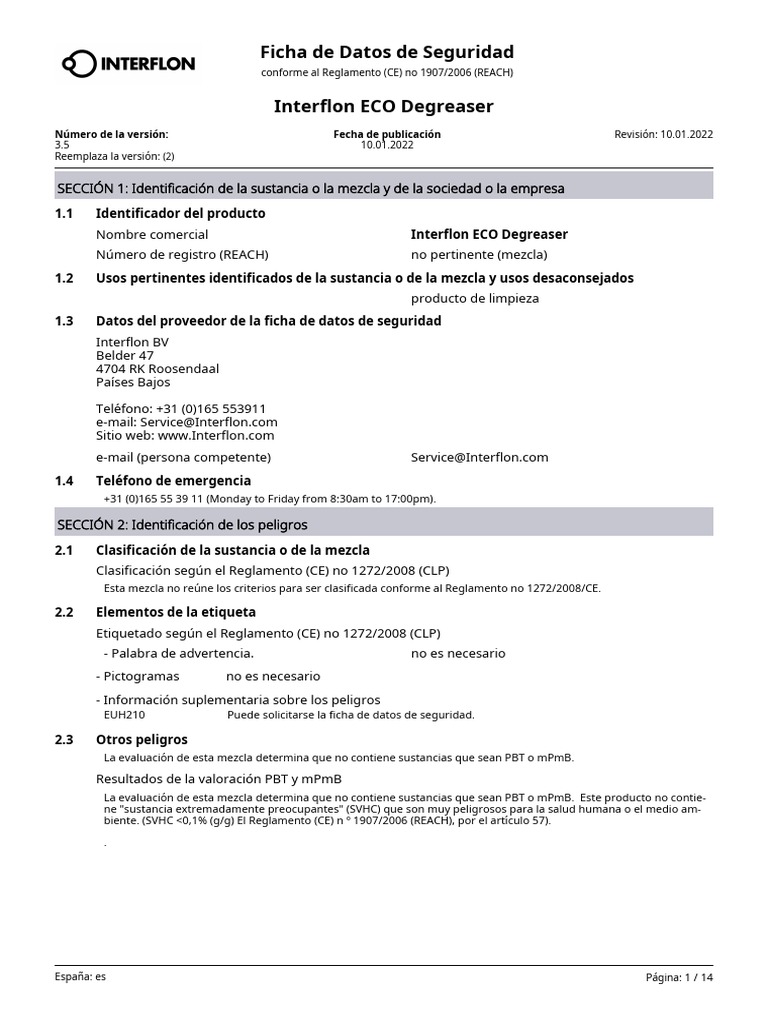 SDS Interflon ECO Degreaser ES Es PDF